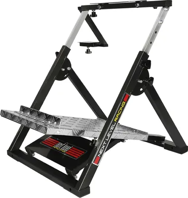 A racing wheel stand is shown in a studio setting.