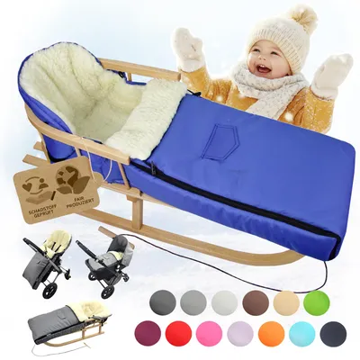 Produktbild von BAMBINIWELT HOLZSCHLITTEN mit Rückenlehne (90cm) + WINTERFUßSACK (108cm) Kinderwagen WOLLE blau