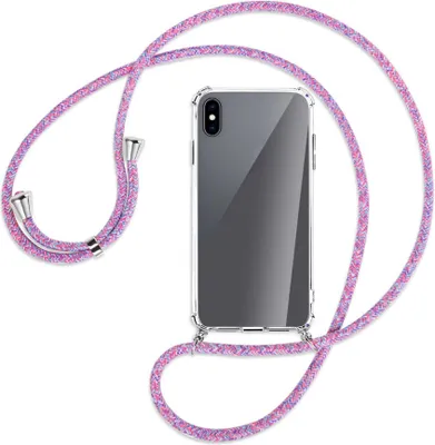 Produktbild von Handykette Backcover-Schutzhülle mit Band (Metall silberfarben) für Apple iPhone XS Max - lila/rosa/blau