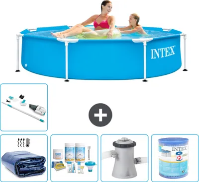 Produktbild von Intex-Schwimmbecken mit rundem Rahmen – 244 x 51 cm – Blau – im Lieferumfang enthalten Sonnensegel - Wartungspaket - Filterpumpe für Schwimmbad - Filter - Staubsauger