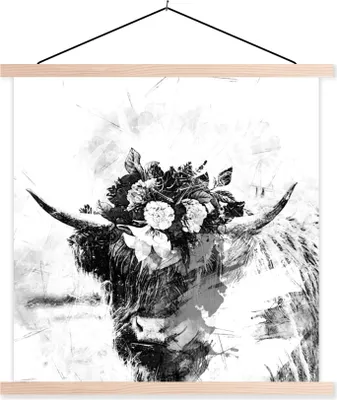 Produktbild von MuchoWow® Textilposter Schottisches Hochlandrind - Blume - Schwarz - Weiß 60x60 cm mit holzfarbenen Rahmen - Wanddekoration