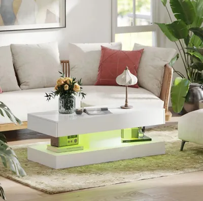 Produktbild von Couchtisch mit Schubladen, Wohnzimmertisch mit LED-Lichtern, moderner Sofatisch mit offener Ablage Weiß