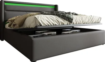Produktbild von Polsterbett 140x200 cm, Doppelbett mit LED-Beleuchtung, Lattenrost und Stauraum, gepolsterter Kopfteil, Kunstleder