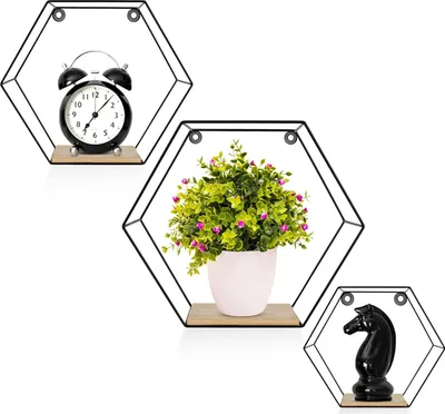 Produktbild von Sechseckige Wandregale Set von 3 Schwarz Metall | Schwebende Regale für Schlafzimmer Wohnzimmer Büro mit Befestigungsmaterial Sechseckregale