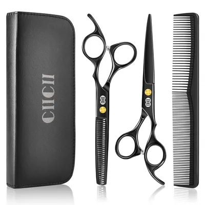 Immagine prodotto di CIICII, set professionale di forbici per parrucchiere (forbice da taglio da 6,7 pollici e forbice di smerlatura) per taglio, rifinitura e cura di capelli, barba, per uomini, donne, animali domestici e famiglie, ideale per parrucchieri (colore nero)