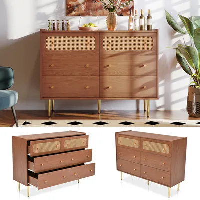 Produktbild von Flieks Kommode Sideboard mit 6 Schubladen, Rattan Kommode Wohnzimmerschränke Massivholz 120*40*90cm