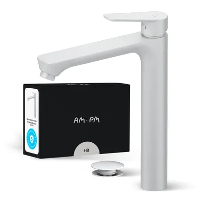 Produktbild von Badarmatur Hoch mit Pop-Up Ablaufventil für Waschbecken Wasserhahn Bad Weiss Waschtischarmatur mit Ablaufgarnitur 1 1/4 Zoll Messing Ventil Ablauf