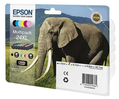 Produktbild von Epson Elephant Multipack 6-colours 24XL Claria Photo HD Ink, Hohe (XL-) Ausbeute, Schwarz, Cyan, Helle Cyan, Magenta, Helle Magenta, Gelb, 10 ml, 8,7 ml, 6 Stück(e), Multipack