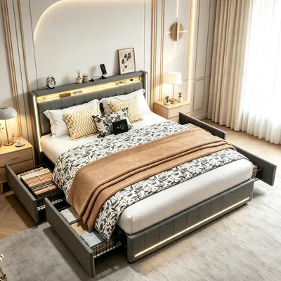 Image de INONEFT, lit rembourré 140x190 cm, lit double avec 4 tiroirs, lit pour adolescents avec LED et port USB, lit avec rangement, lit avec sommier à lattes, tissu en lin, gris foncé