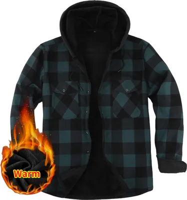 Image de ASKSA Hommes Veste d'hiver à carreaux Doublure polaire Veste Outdoor Veste tricotée avec capuche Veste polaire, Vert, XXL