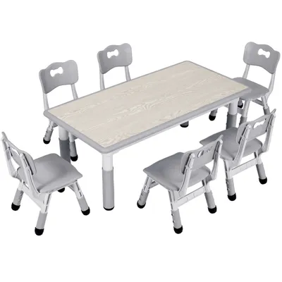 Produktbild von Verstellbarer Kindertisch und 6 Stühle Set, strapazierfähiges Kunststoffholz, modernes Design, 472 (L) * 236 (B) * 189 / 236 (H)