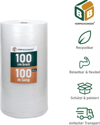 Produktbild von 2 x Luftpolsterfolie (1,0 x 100 m) 2-lagig 60 my Schutzfolie Noppen Versandfolie Polster Verpacken Knallfolie Transport BB-Verpackungen