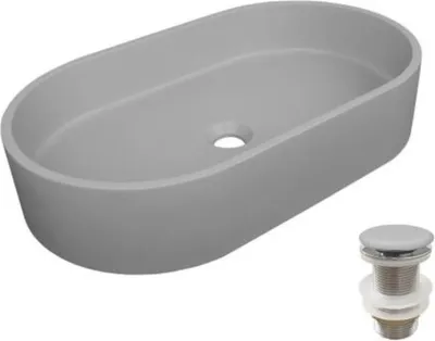 Produktbild von Ovales Aufsatzwaschbecken aus glattem Beton 60x35cm + ALAN-Ablaufgarnitur
