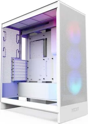 A white computer case with RGB lighting visible through the front mesh.