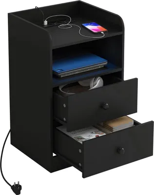 Obrázok produktu pre Nočná komoda čierna s osvetlením RGB - Sada 2 - S nabíjacími portami USB a zásuvkami - Moderný nočný stolík do spálne - 40 × 64 × 35 cm