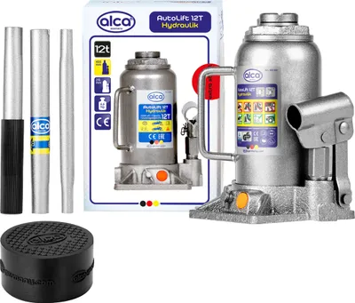 Produktbild von alca® hydraulischer Wagenheber 12t + Gummiauflage I Auto Unterstellheber Set, robust, & GS , Doppelkolben, Verlängerungsschraube, Anti-Rutsch, schützt Unterboden, Hubhöhe 215–400 mm