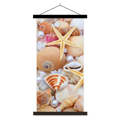 Produktbild von MuchoWow® Textilposter Muscheln - Perlen - Seesterne - Strand 90x180 cm mit schwarzem Rahmen - Dekoration Wohnzimmer