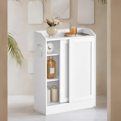 Produktbild von Schmaler Badezimmerschrank mit Schiebetüren und Toilettenpapierhalter | Weiß | 60x20x80 cm
