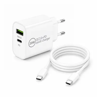 Produktbild von 20W USB-C GaN Ladegerät mit 2m USB-C Ladekabel (20W) - Dual-Port Schnellladeadapter (20W USB-C & USB-A 3.0 QC) Smartphone, Tablet & mehr