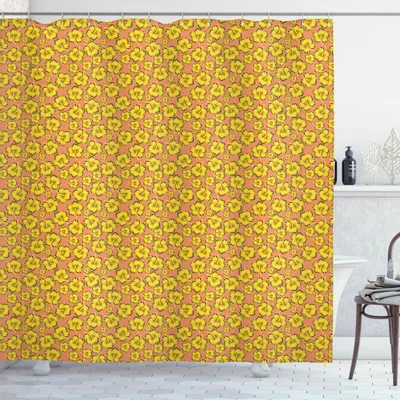 Immagine prodotto di ABAKUHAUS Tenda da doccia vintage, motivo tropicale nostalgico con delicati fiori di ibisco, 175 x 180 cm, color pesca senape