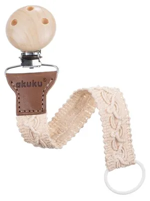 Produktbild von Akuku Schnullerband A0715 aus 100 % Baumwolle, Ecru, Holzclip, 24 cm