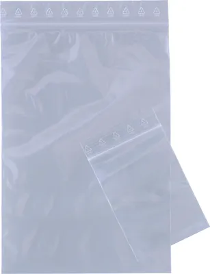 Two clear plastic resealable bags are shown, one larger and one smaller, against a white background.