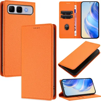 Produktbild von Litchi Leder Handyhülle für Infinix Smart 10 Plus Wallet Kartenfächer Standfunktion Hülle Orange