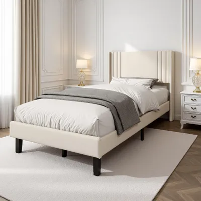Produktbild von ProximaX Einzelbett 90×200 cm Beige – Leinenstoff Bett, Robuster Lattenrost, 15cm Stauraum, Modernes Schlafzimmerbett