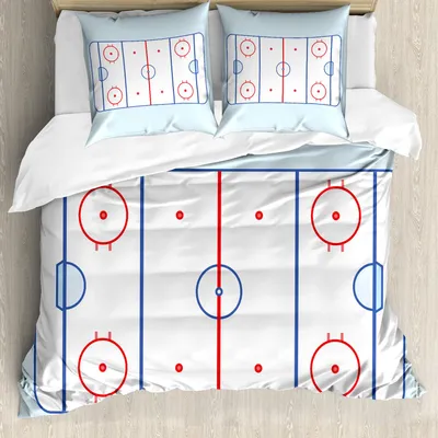 Immagine prodotto di Set copripiumino ABAKUHAUS Hockey su ghiaccio, campo da hockey su ghiaccio nei toni del blu e contorno grafico rosso per eventi sportivi, 155 x 220 cm + 80 x 80 cm, azzurro blu rosso