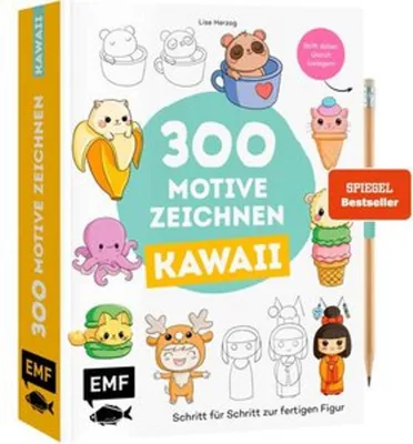 Obrázok produktu pre Kawaii Zeichenbuch im Mitnahmeformat mit 300 Motiven, Stiftschlaufe, Bleistift & Mitmachseiten