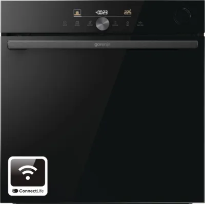 A front view of a black Gorenje oven with a digital display and control panel.