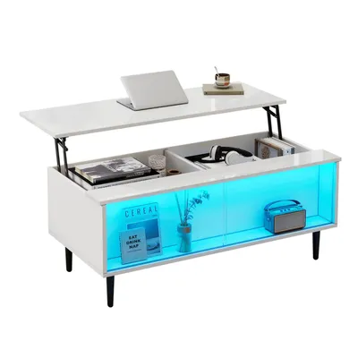 Produktbild von Couchtisch Höhenverstellbarer Kaffeetisch mit Verstecktem Stauraum,Sofatisch mit LED-Licht,4 Beinen und Ausstellungsfläche aus gehärtetem Glas