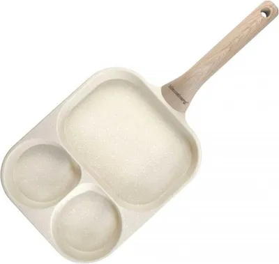 A multi-sectioned frying pan with a wooden handle, shown against a white background.