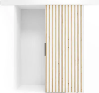 A sliding door with vertical wooden slats and a dark handle, set against a white wall.