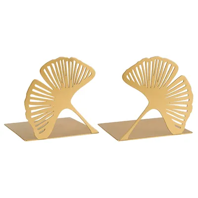 A pair of gold-colored bookends shaped like ginkgo leaves, presented on a white background.