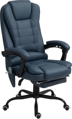 Zdjęcie produktu dla Krzesło biurowe z funkcją masażu, 7 punktów wibracji, regulowany podnóżek i oparcie, nośność do 120 kg, imitacja skóry , kolor niebieski