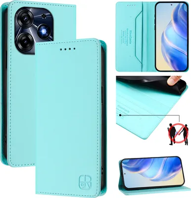 Produktbild von Lederhülle für Tecno Spark 10 Pro 4G Hülle Flip Brieftasche Kartenfächern Ständer Schutzhülle Türkis