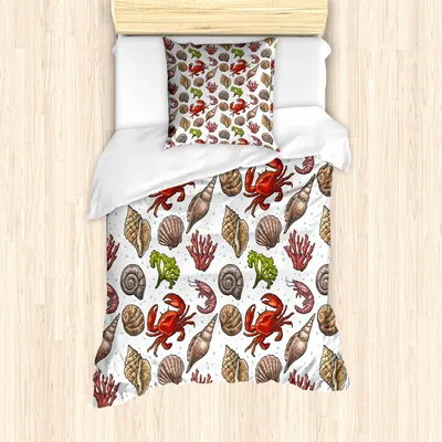 Produktbild von ABAKUHAUS Sea Shells Mantele, Maritime Garnelen, Milbensicher Allergiker geeignet mit Kissenbezügen, 135 cm x 200 cm - 80 x 80 cm, Mehrfarbig
