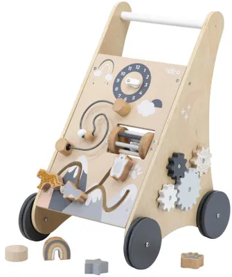 A wooden baby walker with various activity features.