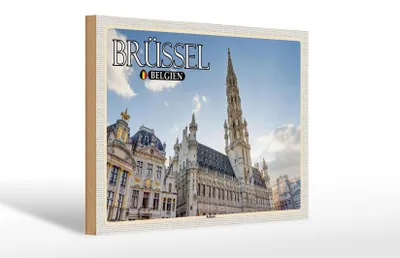 Produktbild von Holzschild Reise 30x20cm Brüssel Belgien Rathaus Wolken