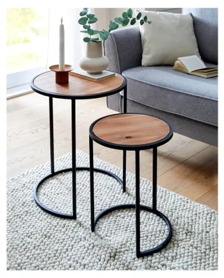 Produktbild von 2er Set runde Beistelltische aus Metall und Holz, 40 + 50 cm hoch, Blumentisch, Satztische, Wohnzimmer-Tisch