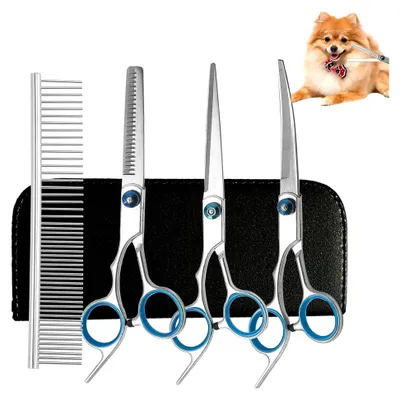 Produktbild von 4 Stück Hundescheren Set, gebogene Schere, Effilierschere, Fellschere für Hunde und Katzen