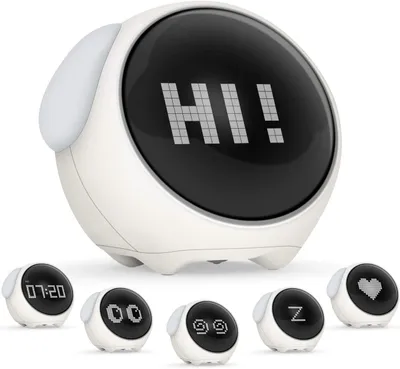 A white digital alarm clock with a large screen displaying 'HI!' is shown, with five smaller, round alarm clocks arranged below it, each displaying different icons or text.