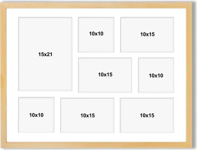 Produktbild von aFFa frames Tisar, Bilderrahmen aus Holz, Acrylglasfront, Mehrfach Bilderrahmen, Bildergalerie, Fotogalerie mit Passepartout, 8 Foto-Ausschnitten für 1 Foto 15x21 cm 4 Fotos 10x15 cm und 3 Fotos 10x10 Naturbelassen, 40x50 cm