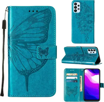 Produktbild von Galaxy A23 4G Hülle, Schmetterling Prägung Flip Leder Kartenfächer Schutzhülle Ledertasche mit Ständer für Samsung Galaxy A23 4G / 5G Blau