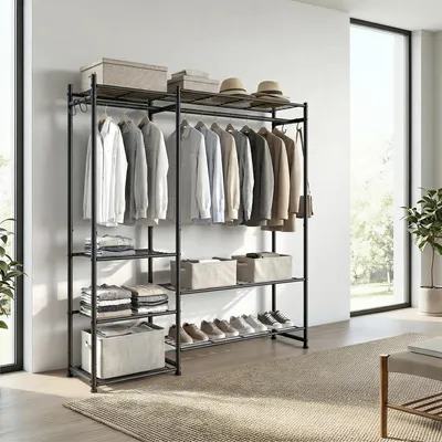Produktbild von SONGMICS Kleiderständer, offener Kleiderschrank, Garderobenständer mit Ablagen, Metallrahmenm, für Schlafzimmer, Wohnzimmer, Eingangsbereich, schwarz
