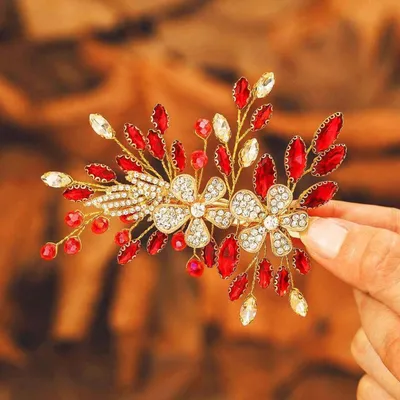 Produktbild von Haarspange Blume Rot Strass Barock-Stil Kristall Legierung 11x8cm