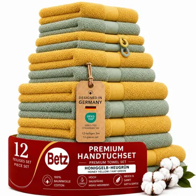 Produktbild von Betz 12-tlg. Handtuch-Set PREMIUM 2 Duschtücher 4 Handtücher 2 Gästetücher 2 Seiftücher 2 Waschhandschuhe  Farbe: honiggelb / heugrün