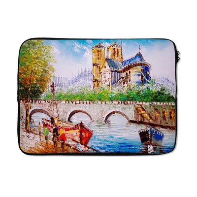 Produktbild von MuchoWow® Laptop Hülle 14 ZollGemälde - Paris - Boot - Brücke Laptoptasche - Laptoptasche - Stoßsicher - Schutzhaube