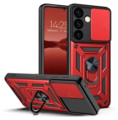 A red and black phone case with a sliding camera cover and a ring stand, shown from multiple angles.